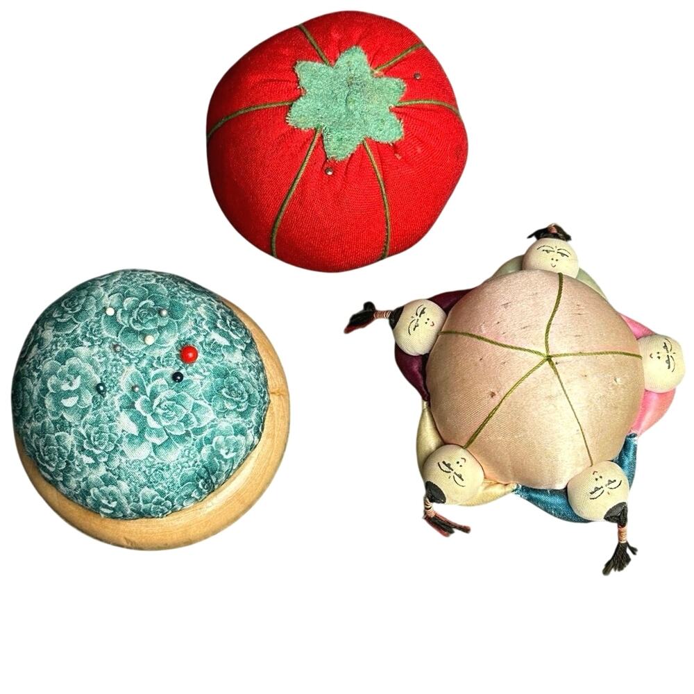 Vintage antique lot pin cushions Japan China handmade silk tomato lucky babies